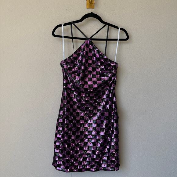 NWT NEW Lulus Black Purple Sequin Check Mini Dress Size M - Picture 2 of 7
